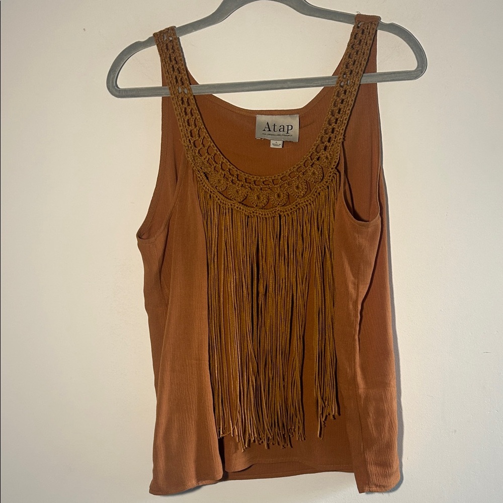 A.T.A.P, Woman’s Size Large Western Mustard Color Crochet Fringe Tank Top